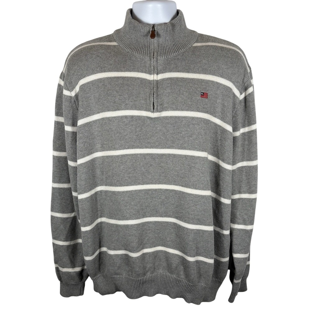 Polo Jeans Company Sweater Mens RL USA Flag 1/4 Zip Preppy Gray Striped 2XL -383